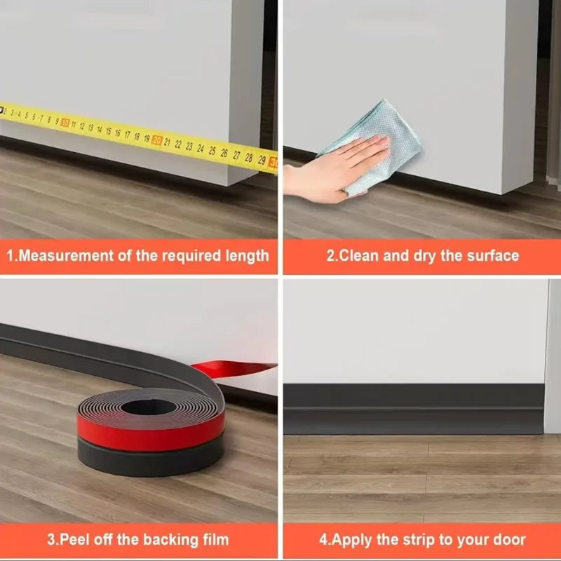 Step-by-step guide showing the measurement, cleaning, peeling, and application of a door draft stopper self-adhesive strip.