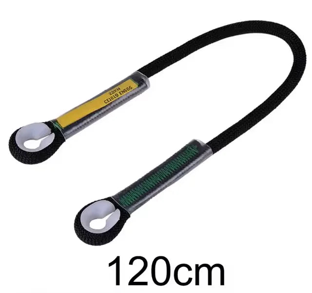 Black nylon cord loop sling with yellow and silver accents for climbing and rescue