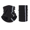Black polar fleece neck warmer with silver reflective stripes, shown folded and rolled.