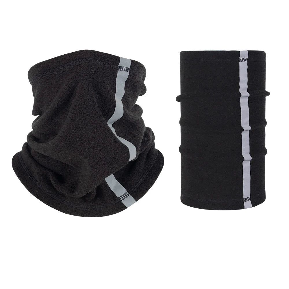 Black polar fleece neck warmer with silver reflective stripes, shown folded and rolled.