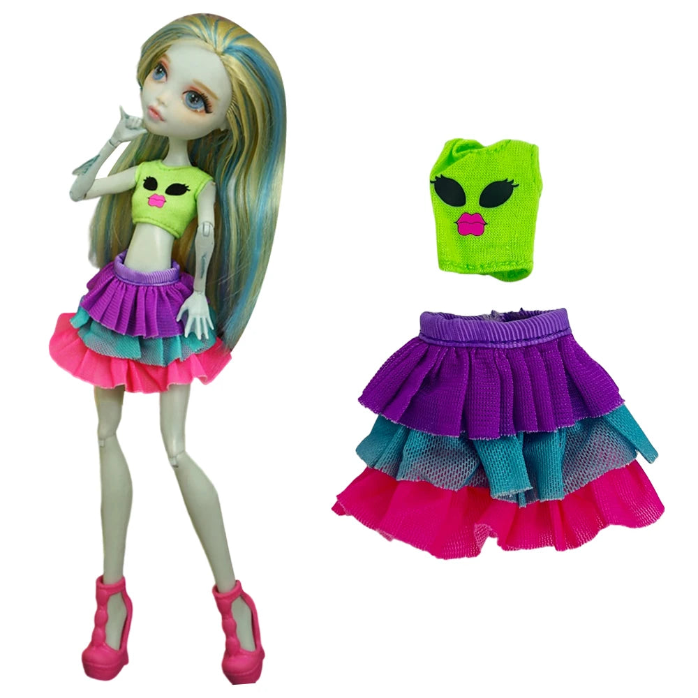 A fashion doll wearing a vibrant green top and purple ruffled skirt with a neon green accessory.