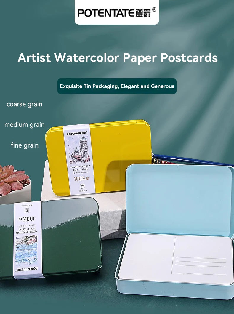 Artist watercolor paper postcards in tin packaging showing coarse, medium, and fine grain textures