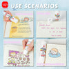 A set of washable PVA glue sticks is shown alongside various craft and office materials like paper, a notebook, and cartoon s