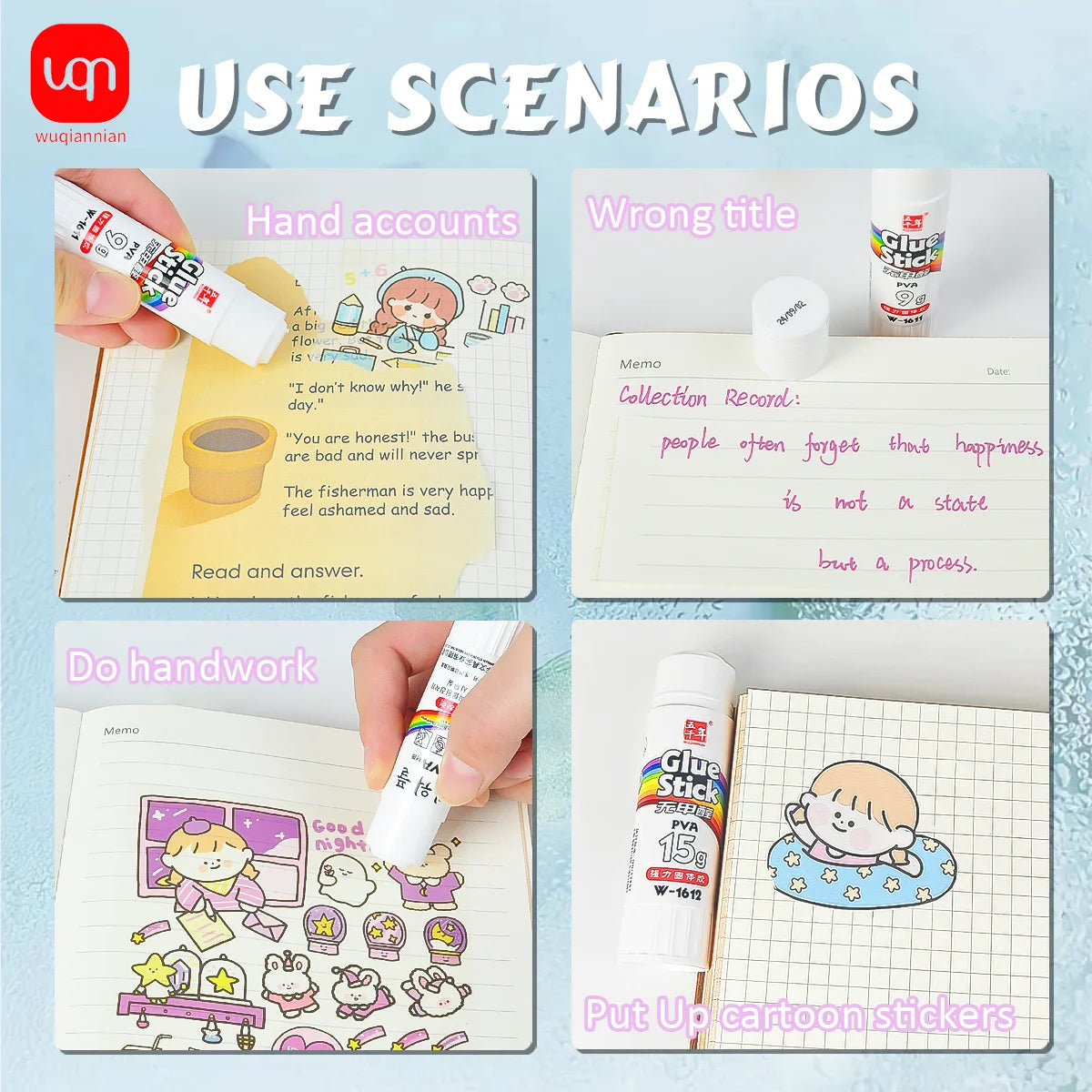 A set of washable PVA glue sticks is shown alongside various craft and office materials like paper, a notebook, and cartoon s