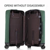 A dark green suitcase opens without disassembly, showing a brown padded interior and wheels.