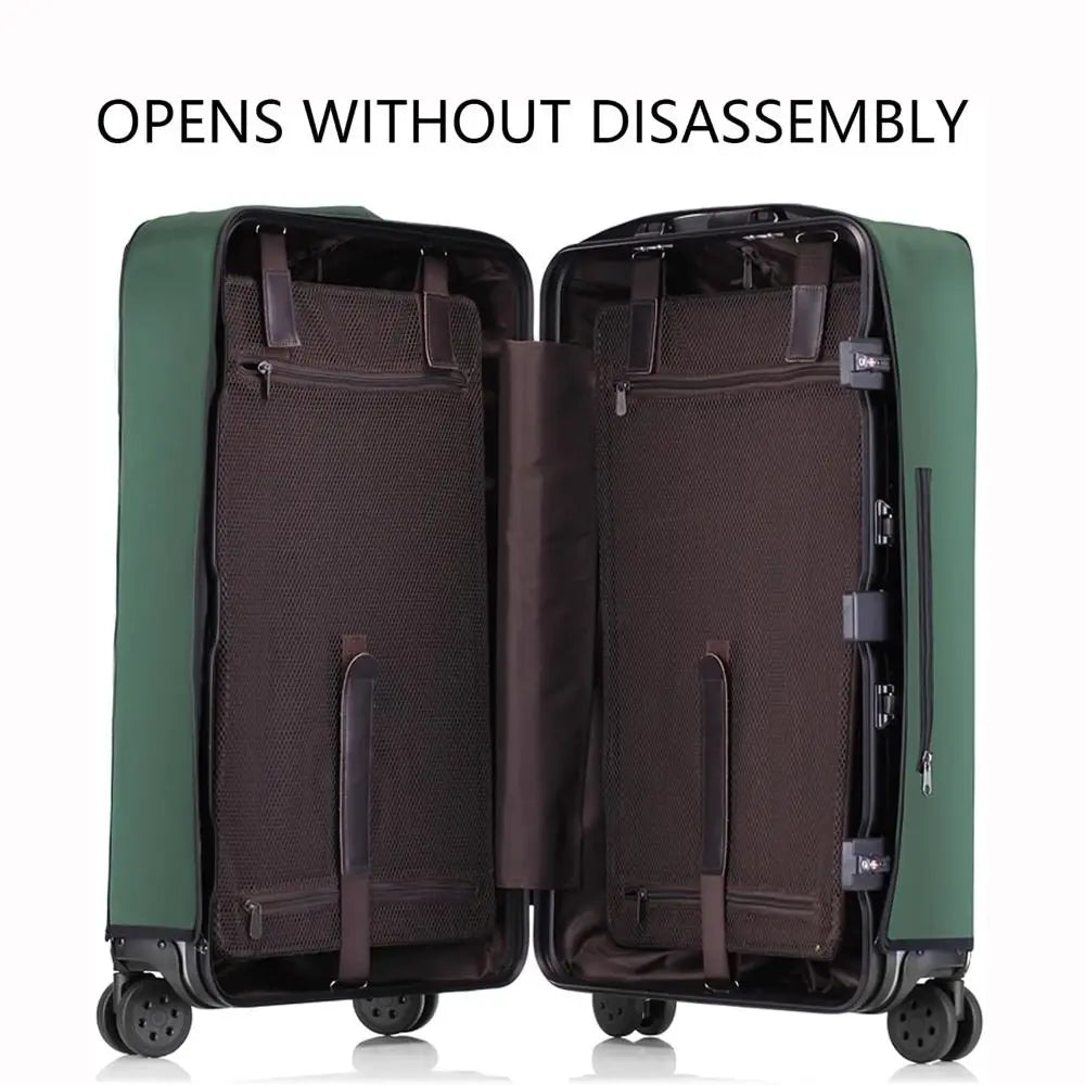 A dark green suitcase opens without disassembly, showing a brown padded interior and wheels.