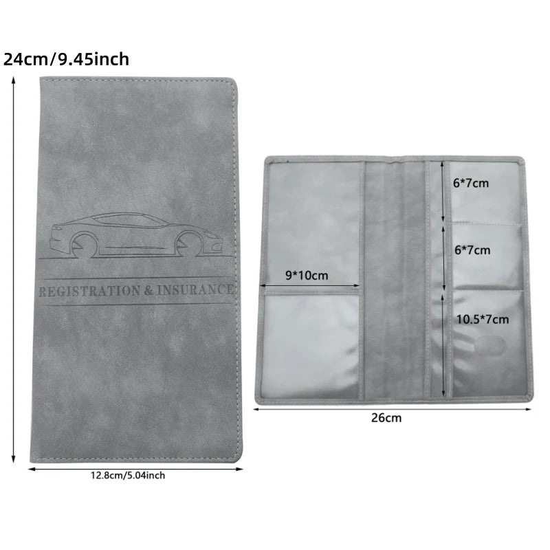 A grey slim card holder wallet designed for storing vehicle registration, license, and insurance cards.