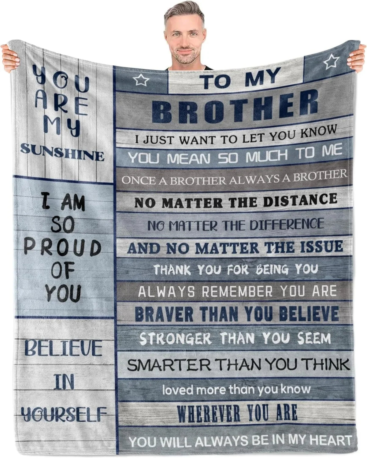 A gray fleece throw blanket with blue text that reads You are my sunshine to my brother.