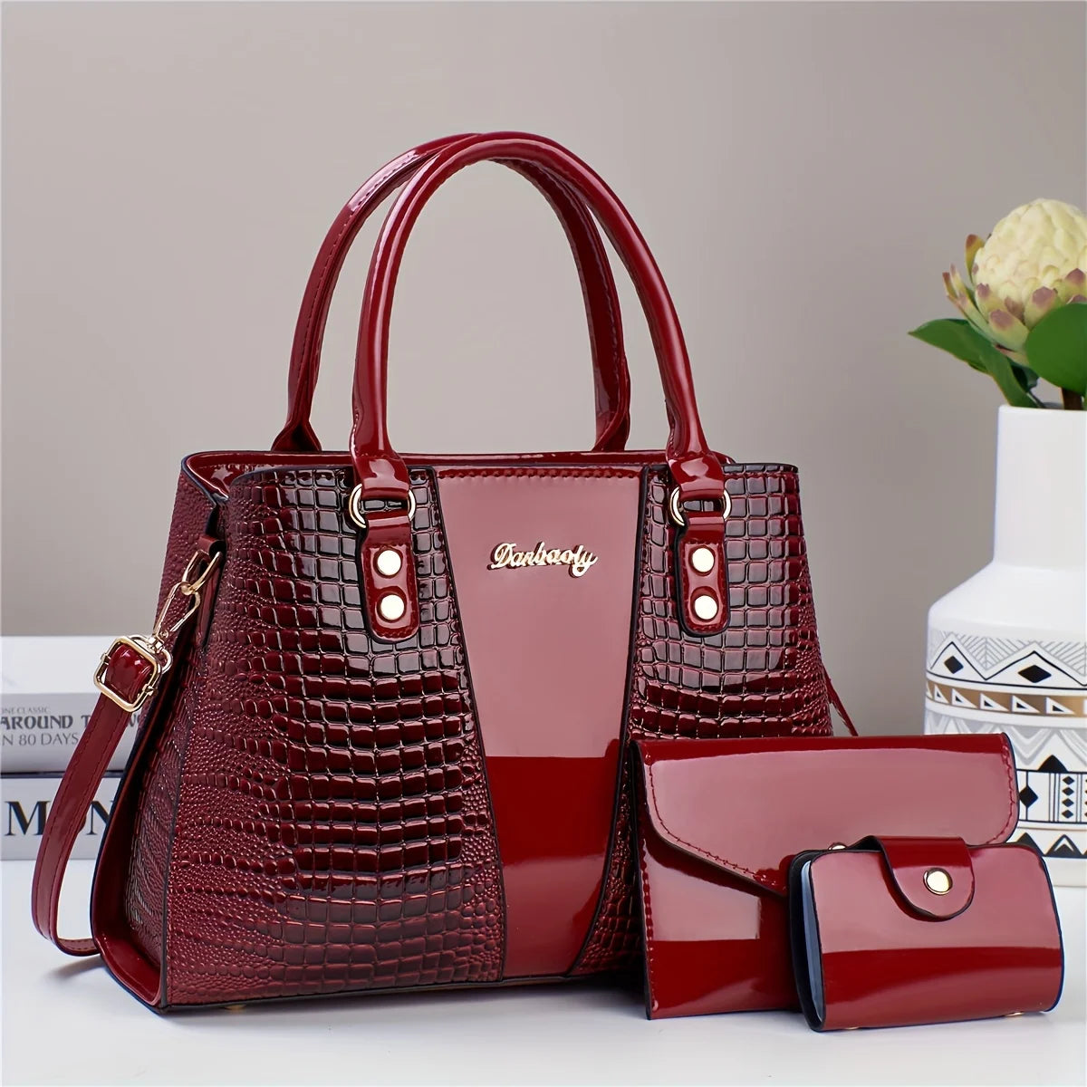 Marooner Crocodile-Musteres Patentleder Handtasche-Set mit großer Tasche und Clutch