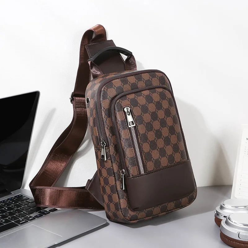 Men's Waterproof PU Leather Crossbody Bag with Geometric Pattern