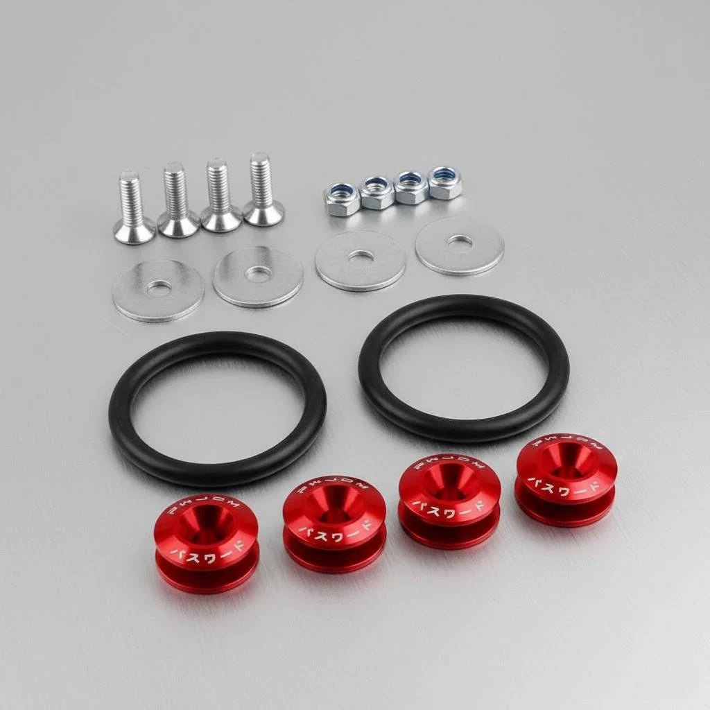 A collection of metal fasteners, including screws and rings, for a quick release bumper kit.