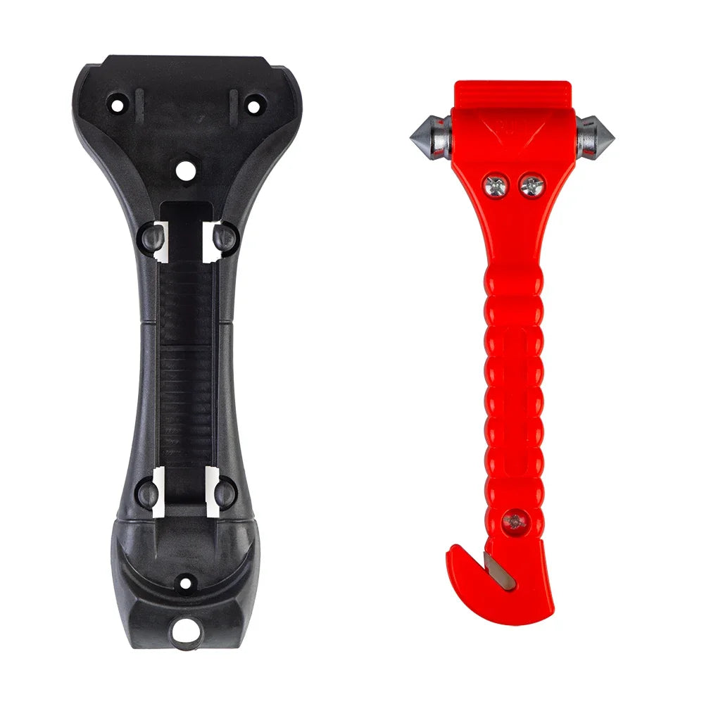 A pair of emergency escape hammers, one black and one red, designed for seatbelt cutting.