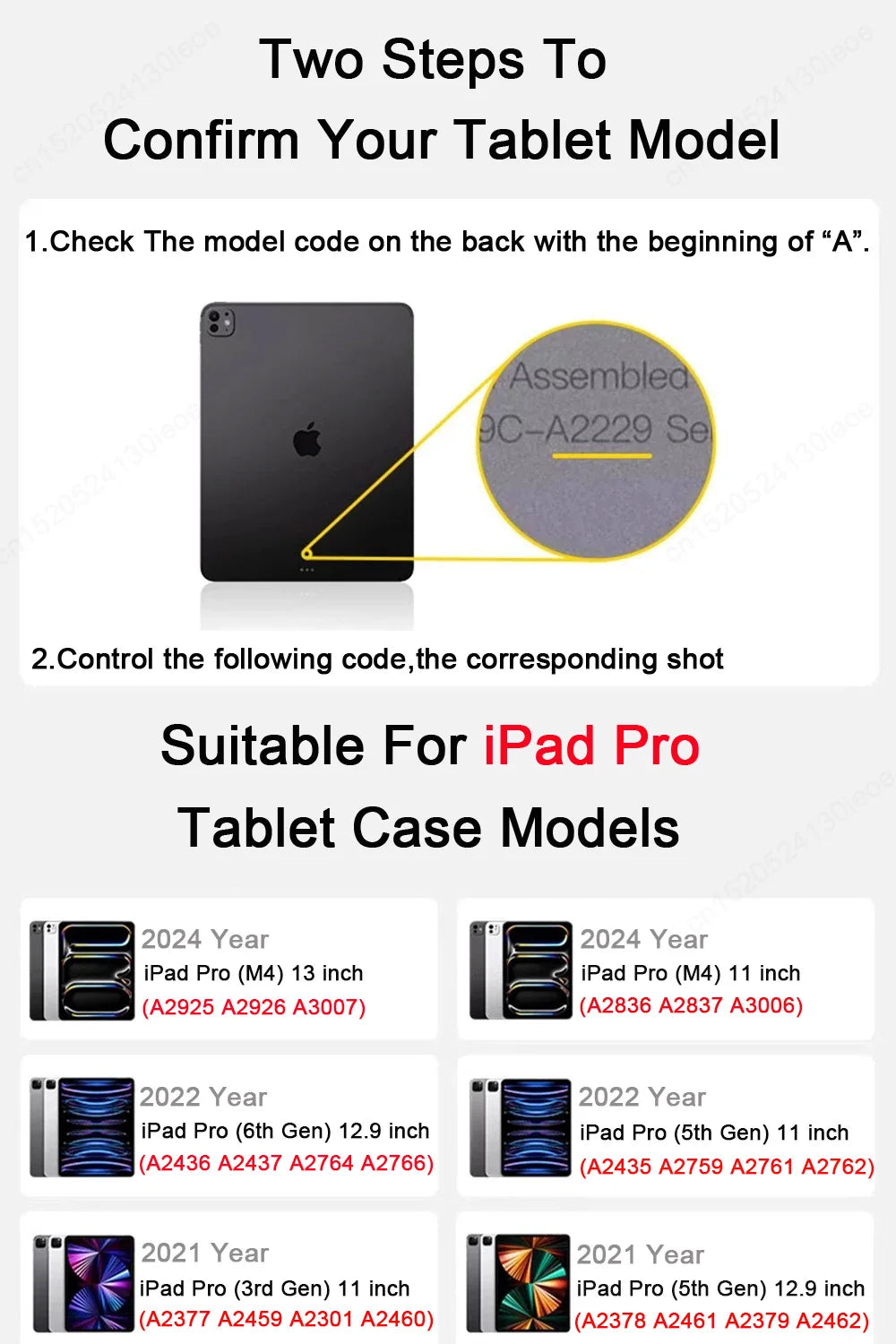 Instructions for confirming tablet model using the beginning of the model code on the back and matching photos for iPad Pro c
