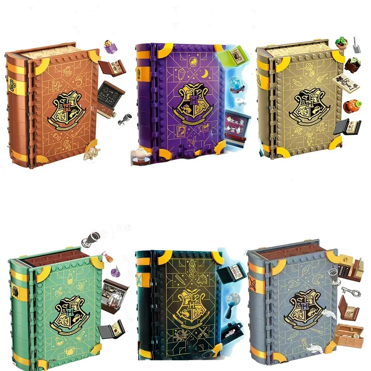 A set of six fantasy theme book models built from colorful building blocks.