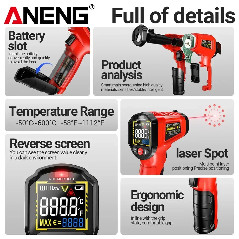 A red infrared thermometer with a battery slot, showing features like temperature range, reverse screen, and ergonomic design