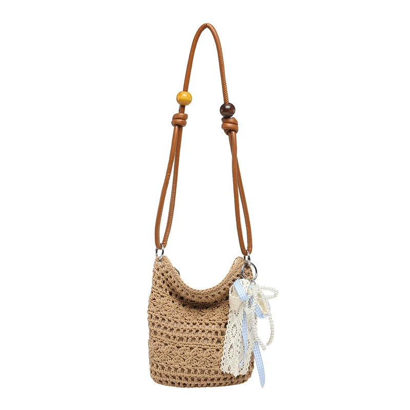 Boho Crochet Straw Shoulder Bag with Ribbon Bow