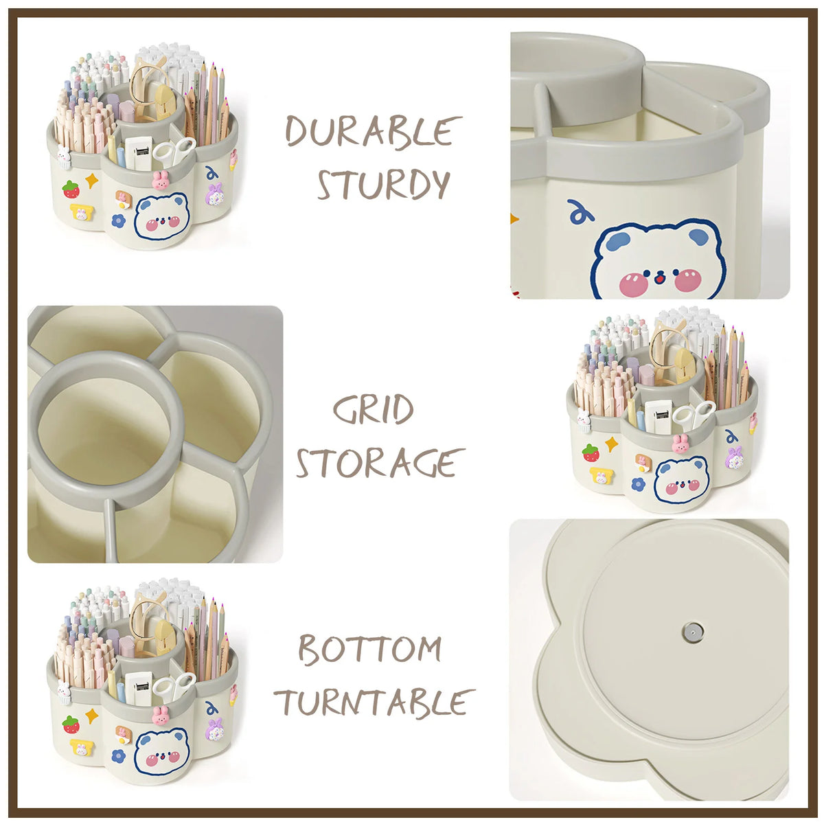 A set of durable sturdy grid storage containers for pens and supplies with a bottom turntable.