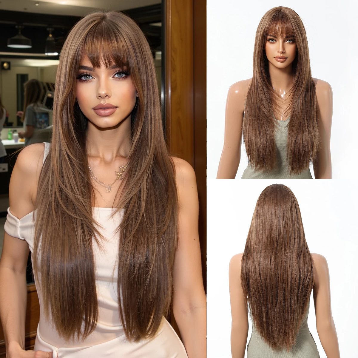 Rose Gold Layered Straight Wig with Bangs