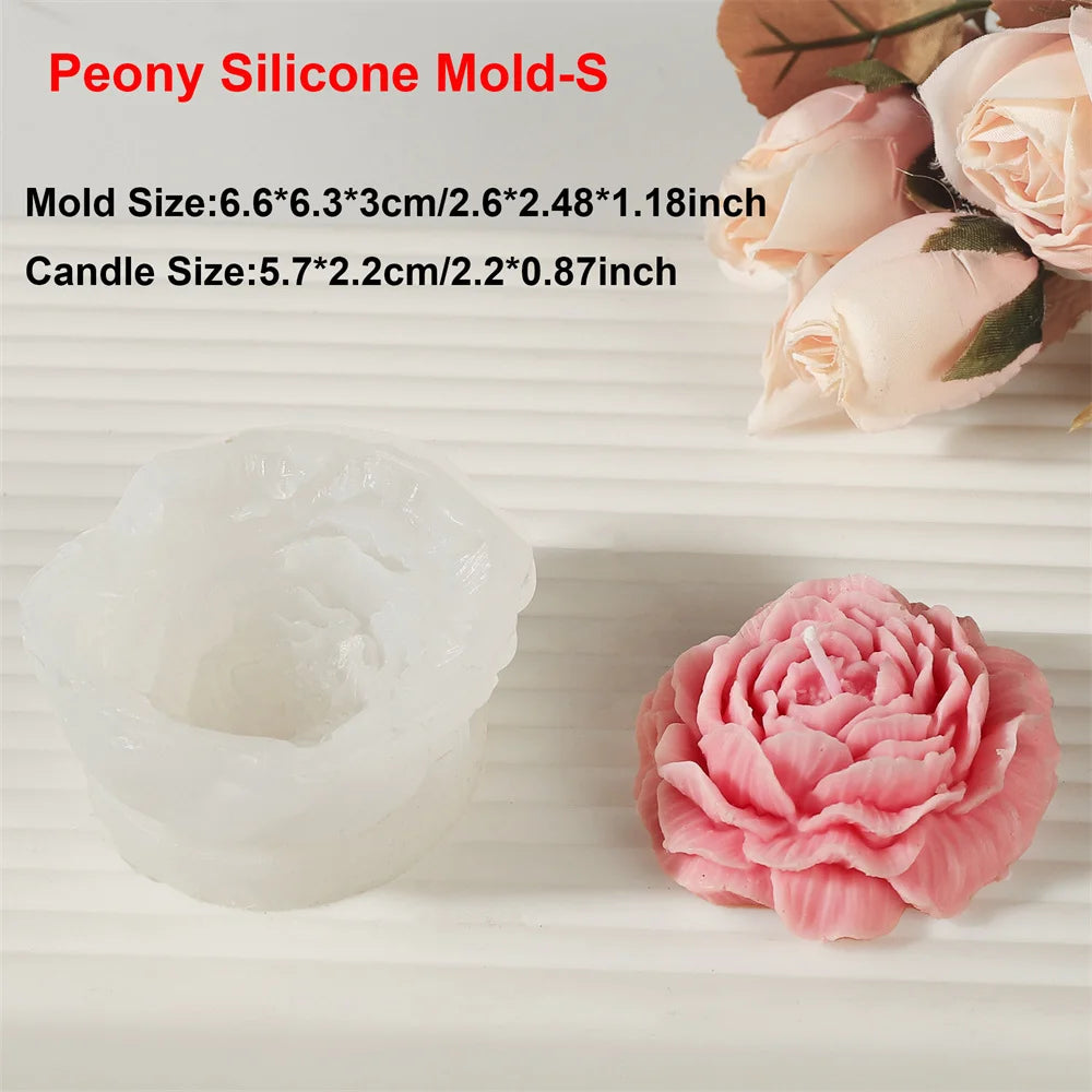 A pink peony silicone mold is shown next to a fully formed pink peony flower, used for making candles, resin, and soap.