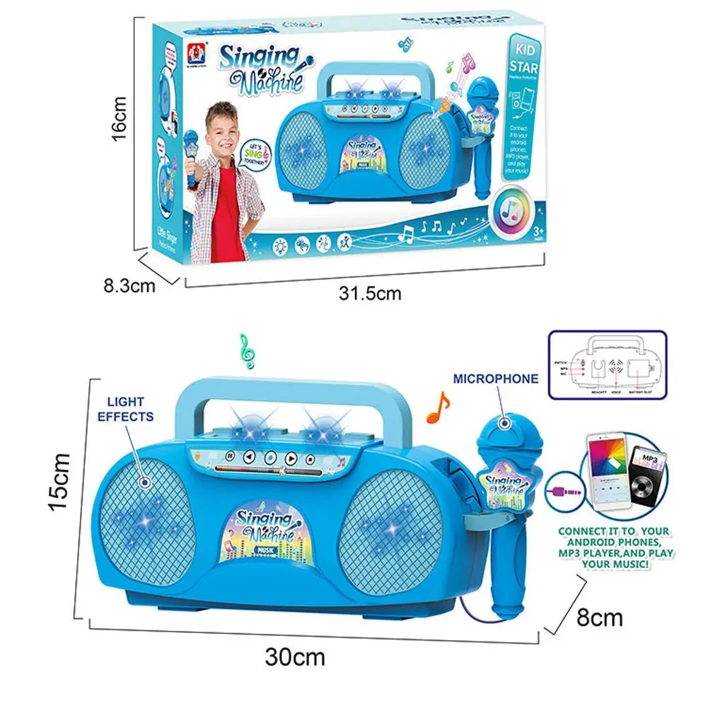A blue kids karaoke machine with light effects and microphone, shown in various sizes.