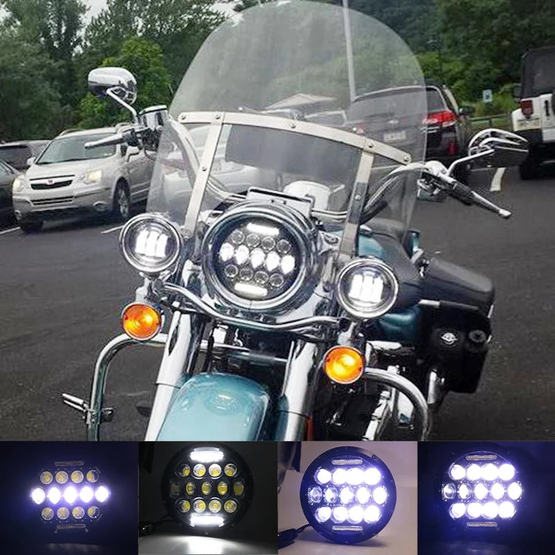 Close-up view of a 7-inch motorcycle LED headlight with angel eyes and daytime running lights.