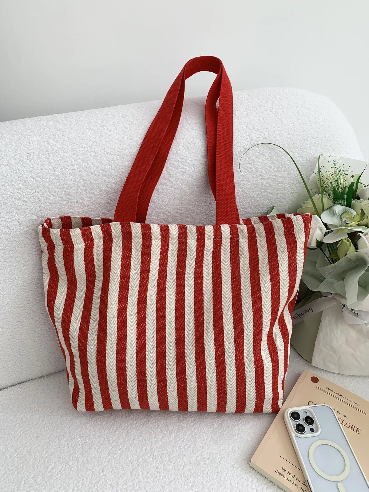 Striped Canvas Shoulder Tote Bag