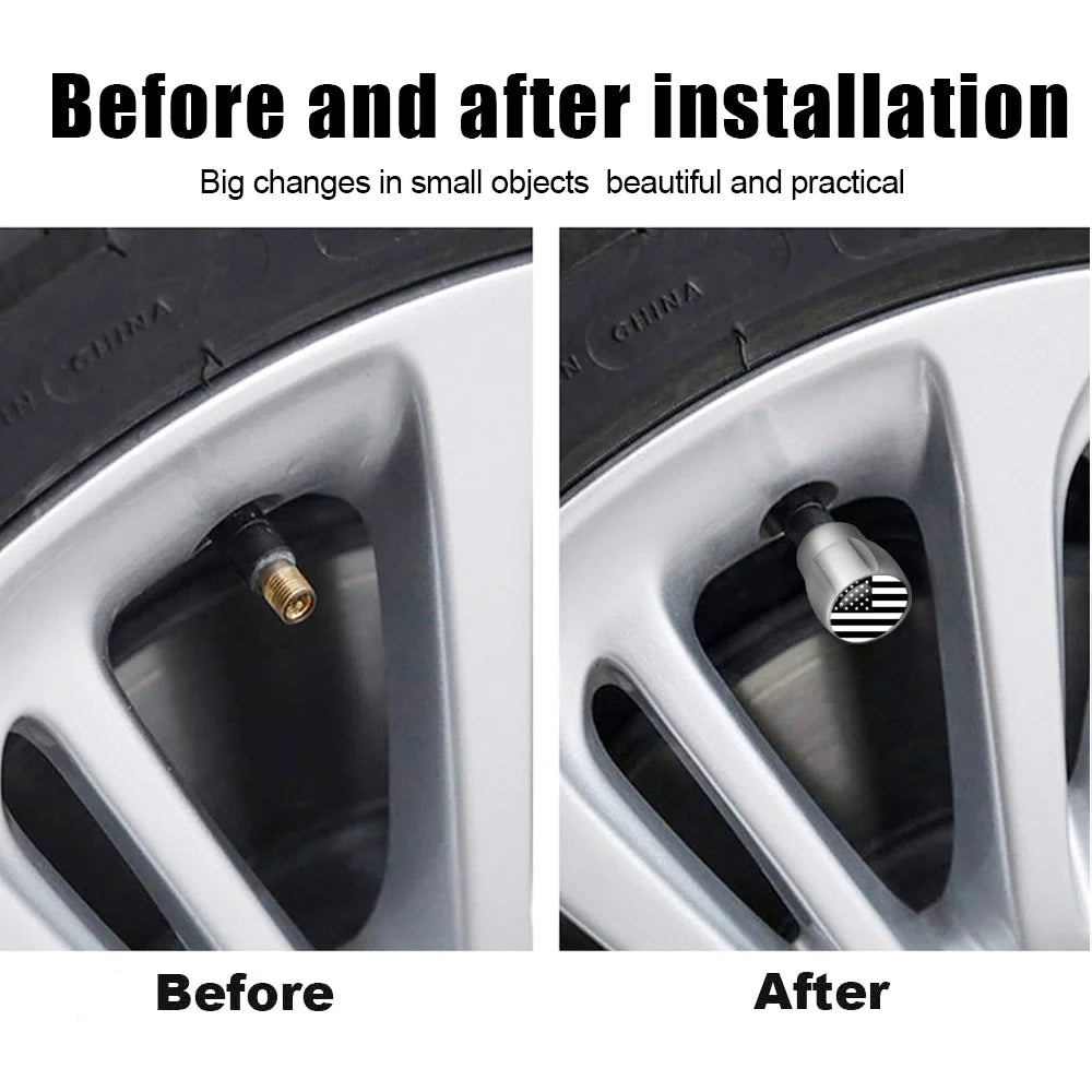 Before and after installation comparison showing a tire valve cap before and after installation.