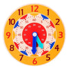 A wooden clock face with numbers and hands, used as a Montessori educational toy for learning time.