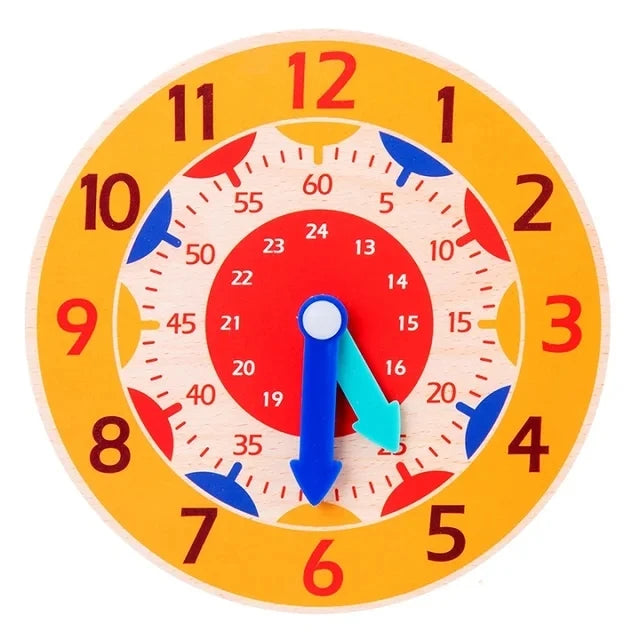 A wooden clock face with numbers and hands, used as a Montessori educational toy for learning time.