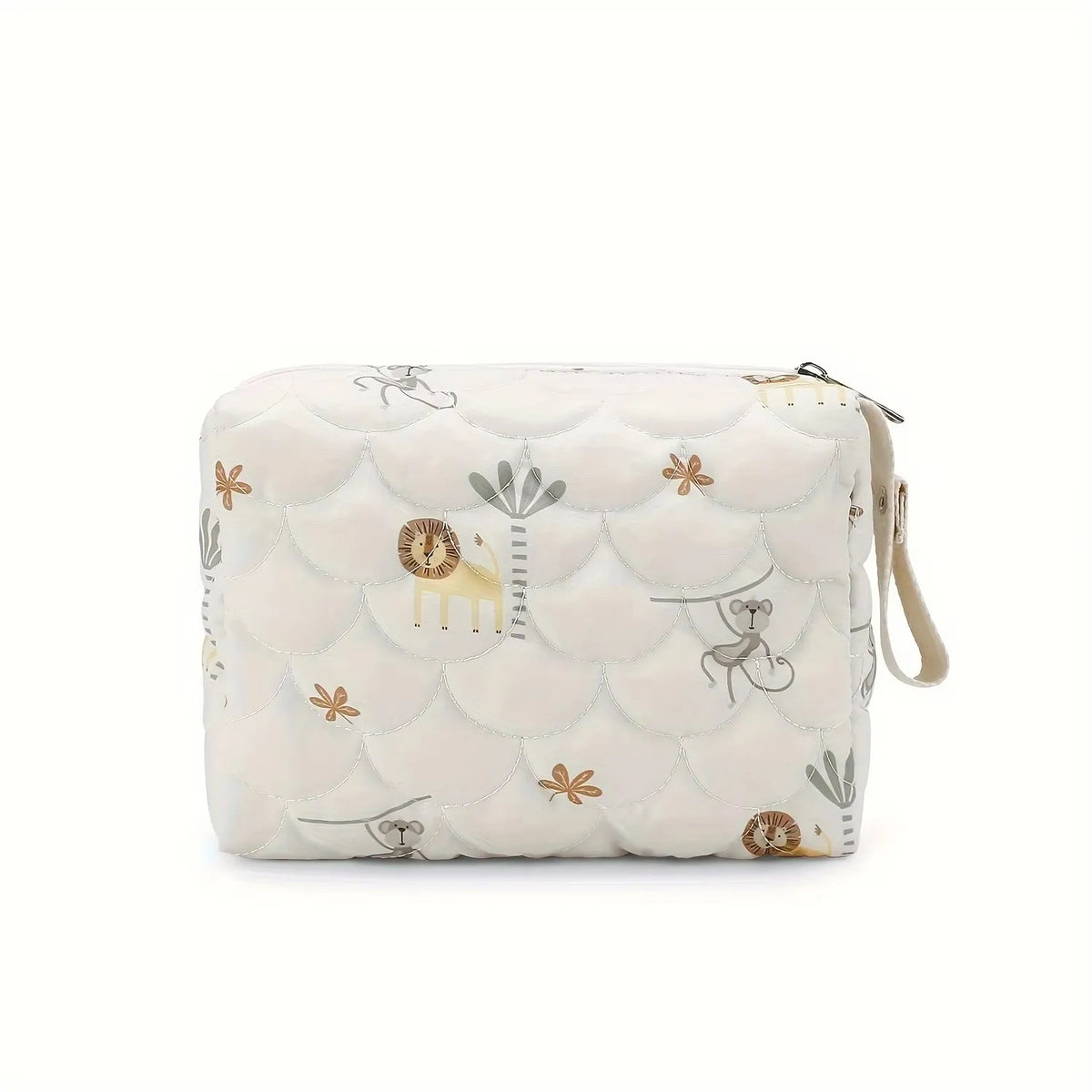 A cream-colored quilted baby diaper caddy organizer with a rainbow print design and attached straps.
