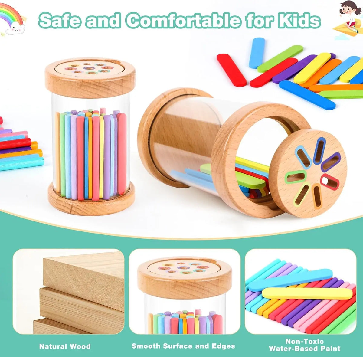 Wooden color sorting toy for toddlers featuring colorful sticks and a clear container.
