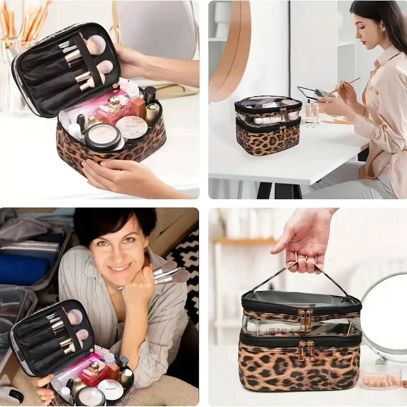 A leopard print transparent double-layer makeup bag is shown open and closed, with various makeup items inside.