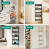 A collection of storage racks and shelves used in various rooms including a bathroom, kitchen, living room, and pantry.
