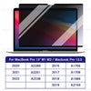 A laptop screen displaying a magnetic privacy screen protector being applied to a MacBook Pro.