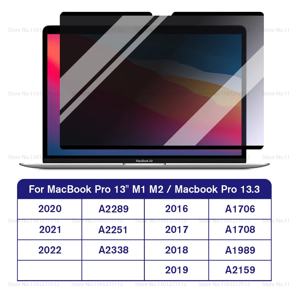 A laptop screen displaying a magnetic privacy screen protector being applied to a MacBook Pro.