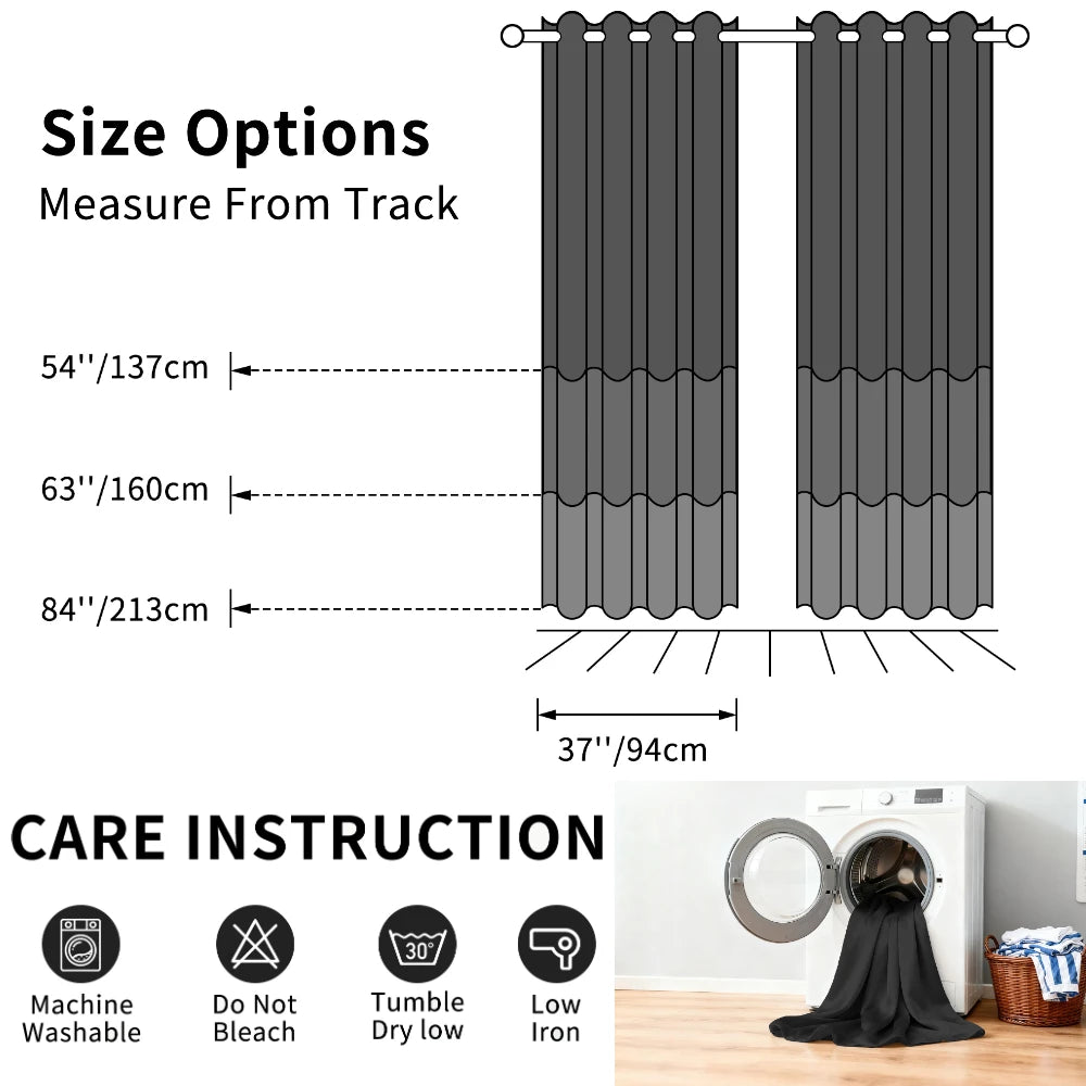 Size options and care instructions for insulated black-out curtain panels with grommet top.