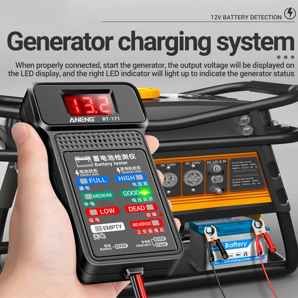 12V Car Battery Tester with LED Display and Reverse Connection Alarm