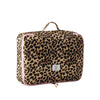 A leopard print large toiletry bag with a pink trim and carrying handles.