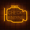 An orange neon sign shaped like an engine with the words CHECK ENGINE glowing on a dark background.