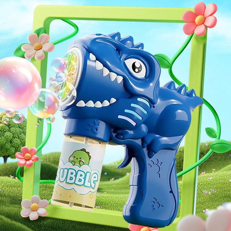 A blue dinosaur bubble gun with lights and a soap blower is shown in a green frame against a grassy background.
