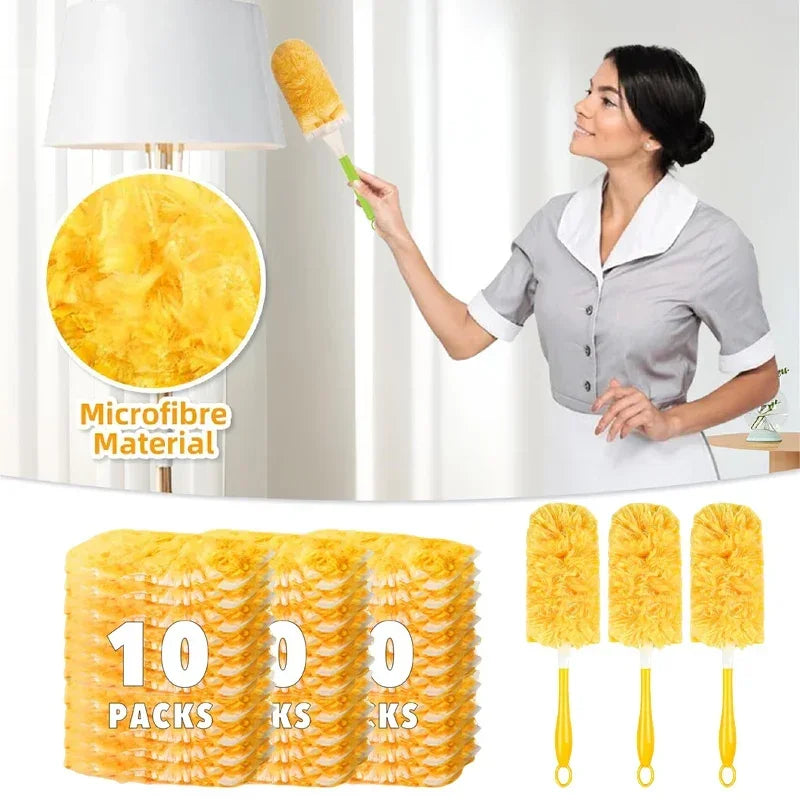 A woman is shown using a yellow microfiber duster refill, with packs of yellow fuzzy cleaning tools displayed below.