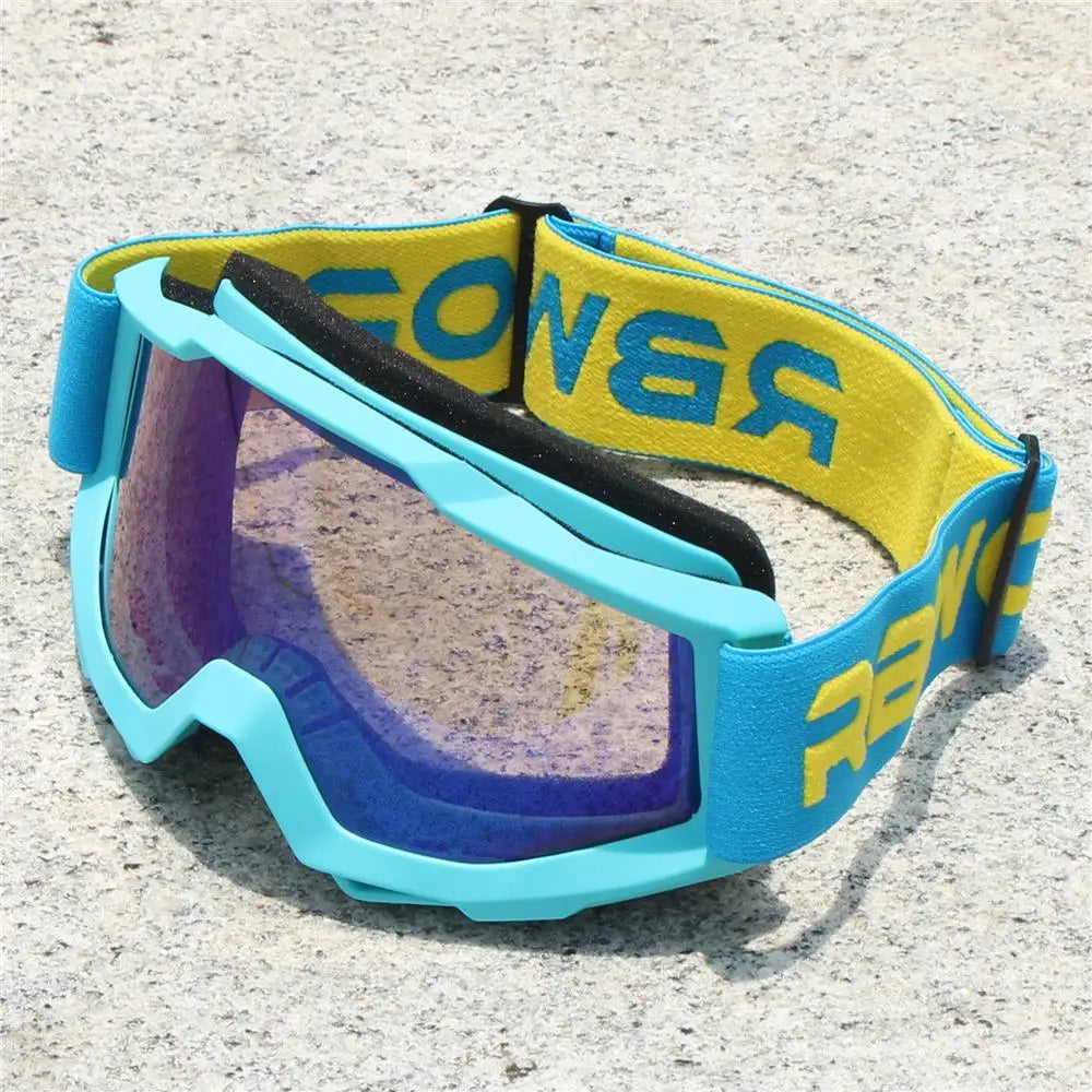 Retro motorcycle sunglasses featuring a blue frame and yellow strap with text on the band