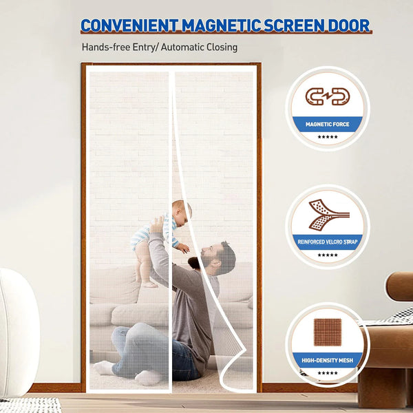 A close-up view of a convenient magnetic screen door with hands-free entry and automatic closing features.