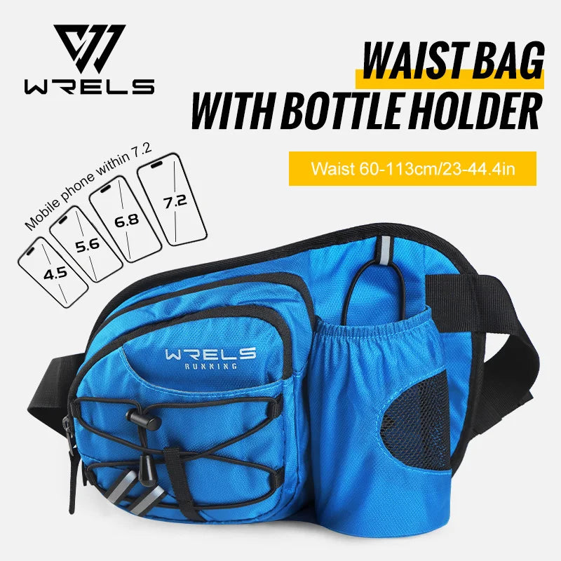 Blue Wrels Rucking waist bag with bottle holder shown from the side.