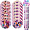A set of pink and purple K-Pop themed birthday party decorations including banners and tableware
