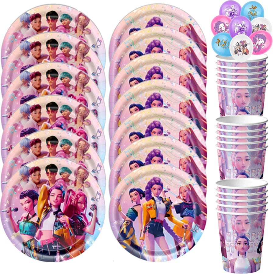 A set of pink and purple K-Pop themed birthday party decorations including banners and tableware