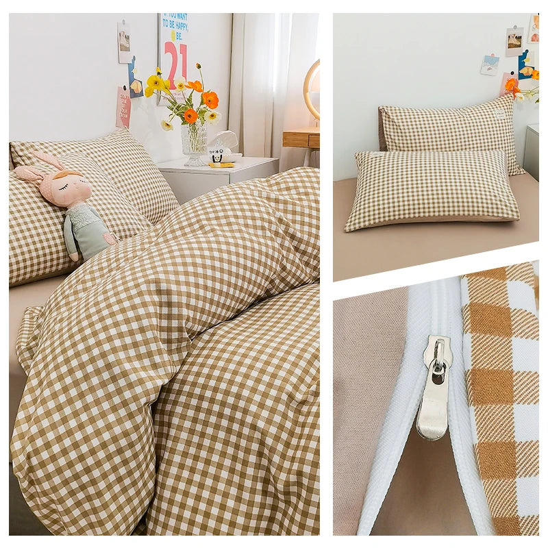 100% Cotton Duvet Cover Set with Plaid Stripe – Breathable & Skin-Friendly