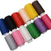 A collection of twelve prewound polyester sewing thread bobbins in various bright and dark colors.