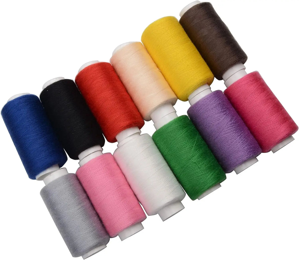 A collection of twelve prewound polyester sewing thread bobbins in various bright and dark colors.