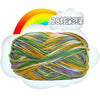 A ball of multi-colored milk cotton blend yarn with a rainbow background.